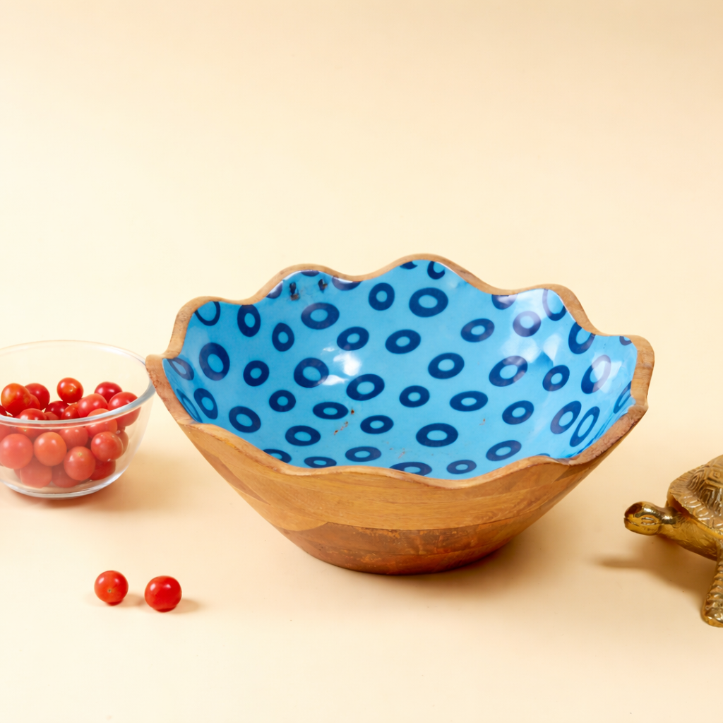 Handcrafted Wooden Bowl with Blue Decal Design | Decorative Serving Bowl