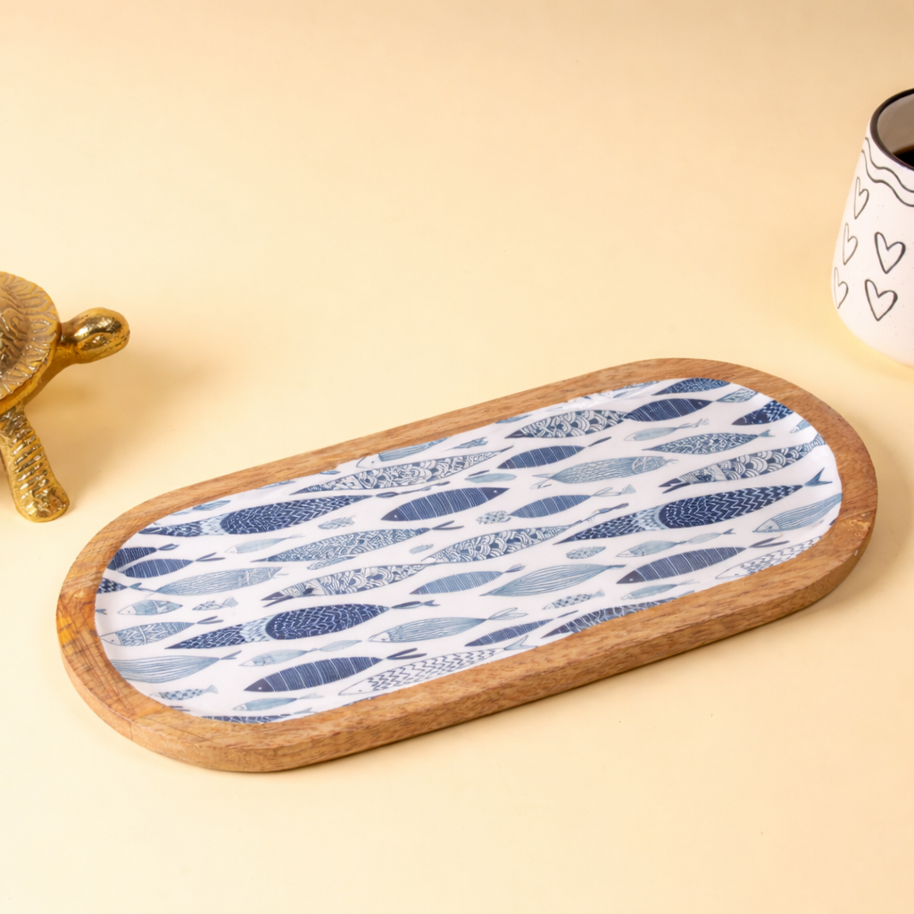 Oval Wooden Serving Platter with Decorative Decaling | Wooden Snack & Appetizer Serving Tray