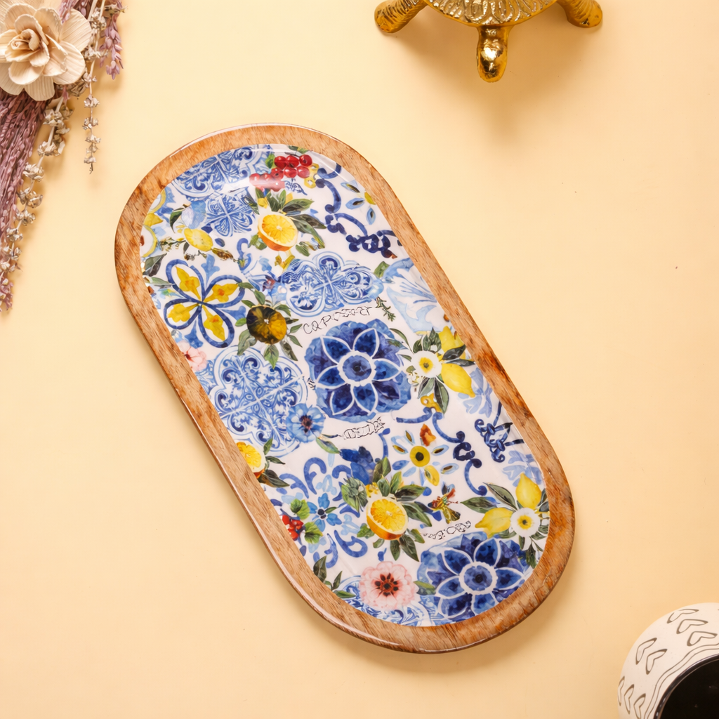 Oval Wooden Serving Platter with Decorative Floral Decaling | Wooden Snack & Appetizer Serving Tray