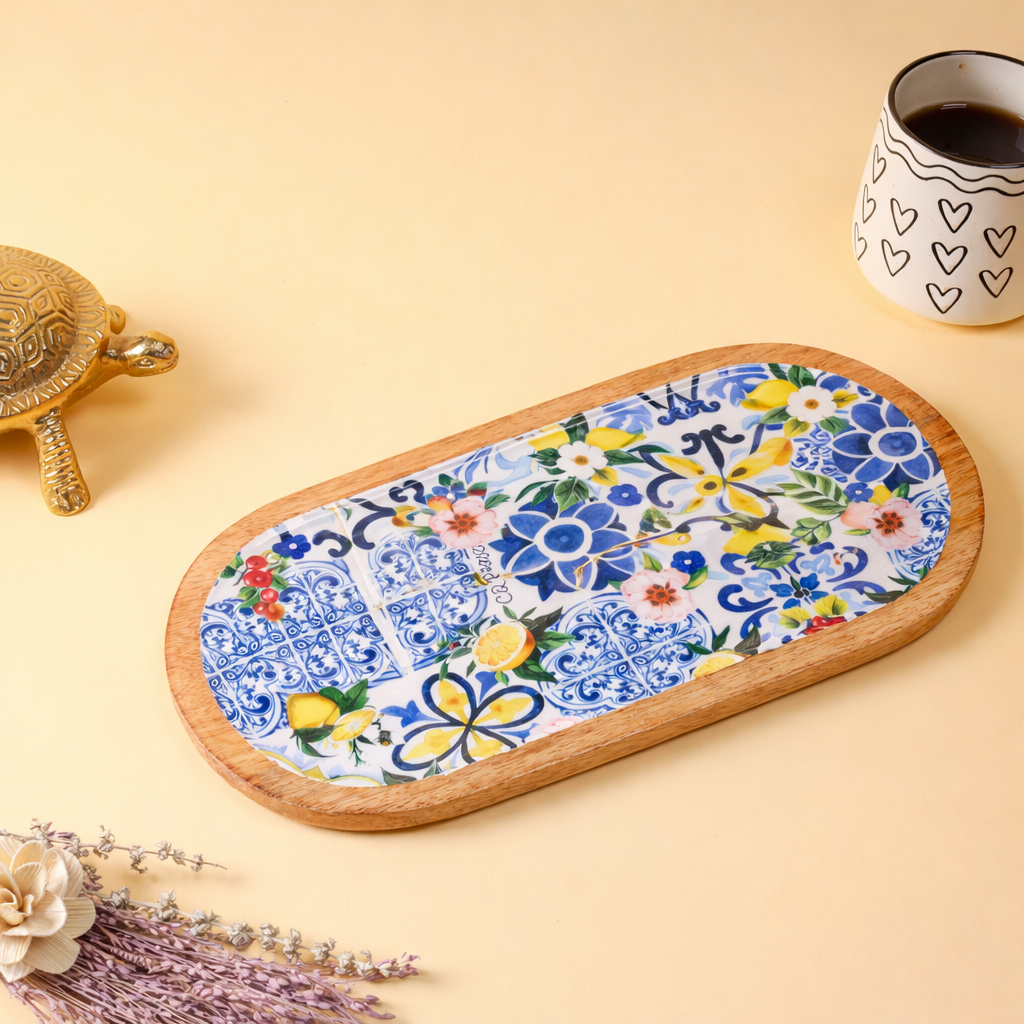 Oval Wooden Serving Platter with Decorative Floral Decaling | Wooden Snack & Appetizer Serving Tray