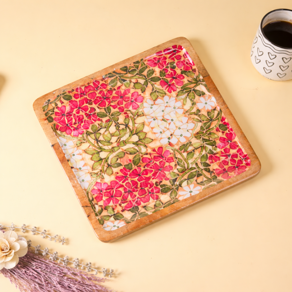 Square Wooden Serving Platter with Floral Decaling | Decorative Snack & Appetizer Serving Tray