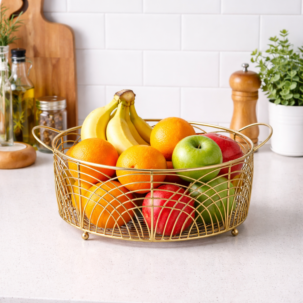 Round Metal Wire Fruit & Vegetable Basket | Kitchen Counter Organizer