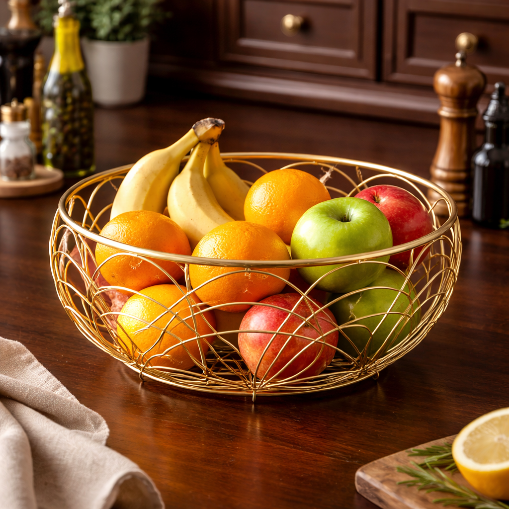 Round Gold Metal Fruit Basket | Modern Kitchen Storage Bowl