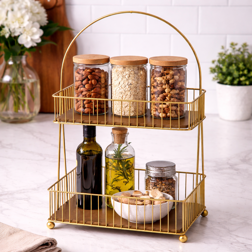 Two-Tier Gold Metal Storage Basket Stand | Countertop Organizer with Wooden Shelves