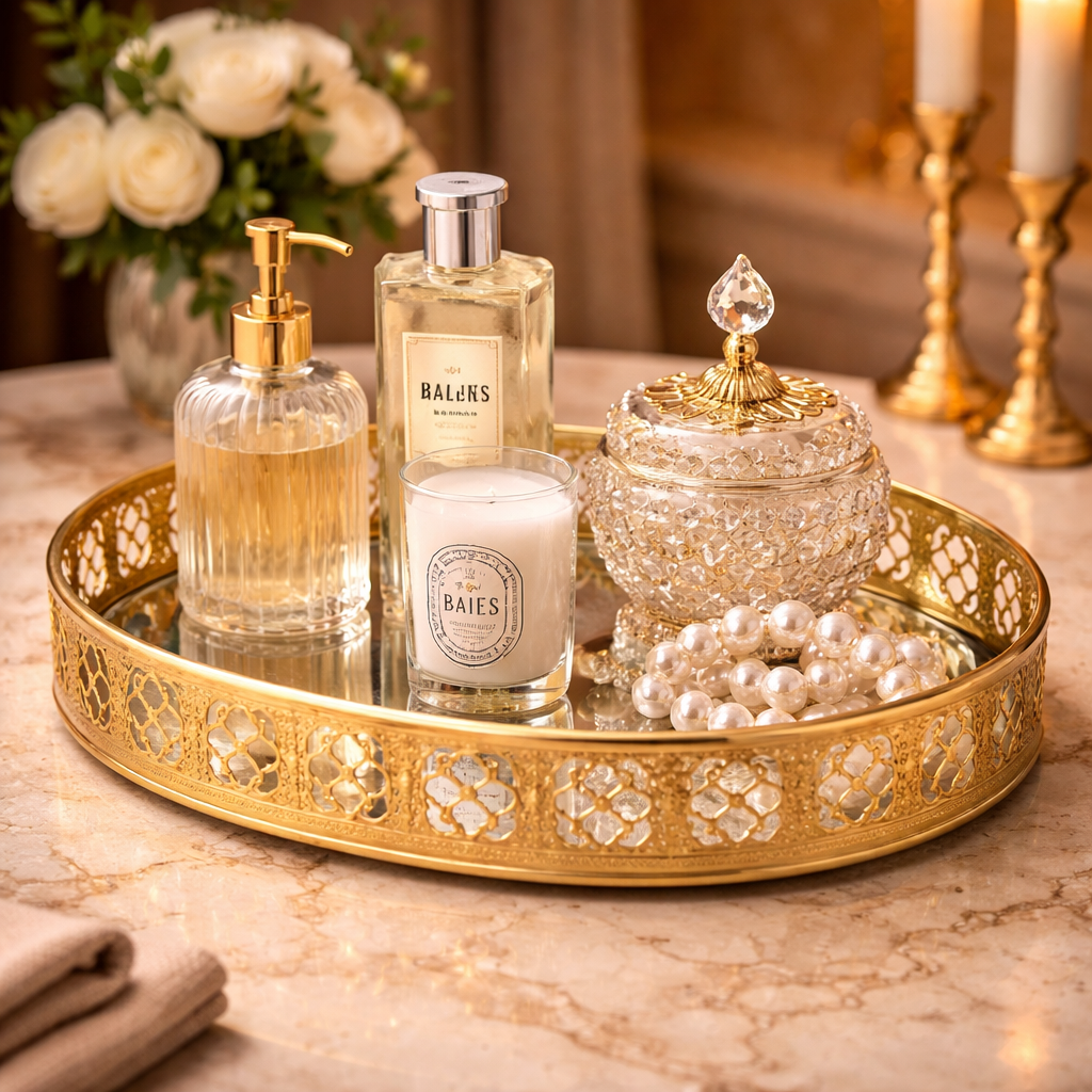 Round Gold Mirror Vanity Tray | Decorative Makeup & Perfume Organizer