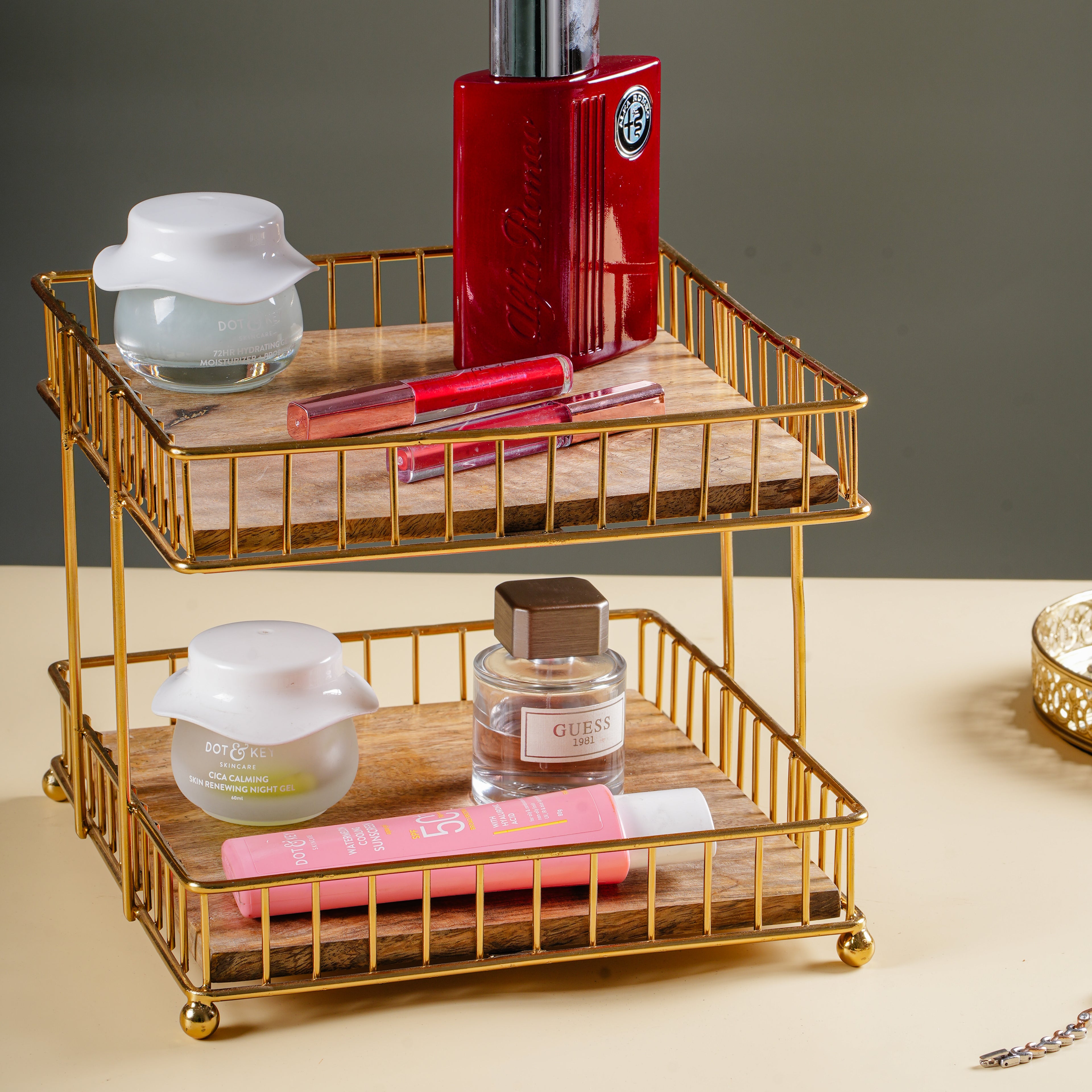 Decorative 2 Tier Storage Rack | Metal Frame Wooden Shelf Organizer