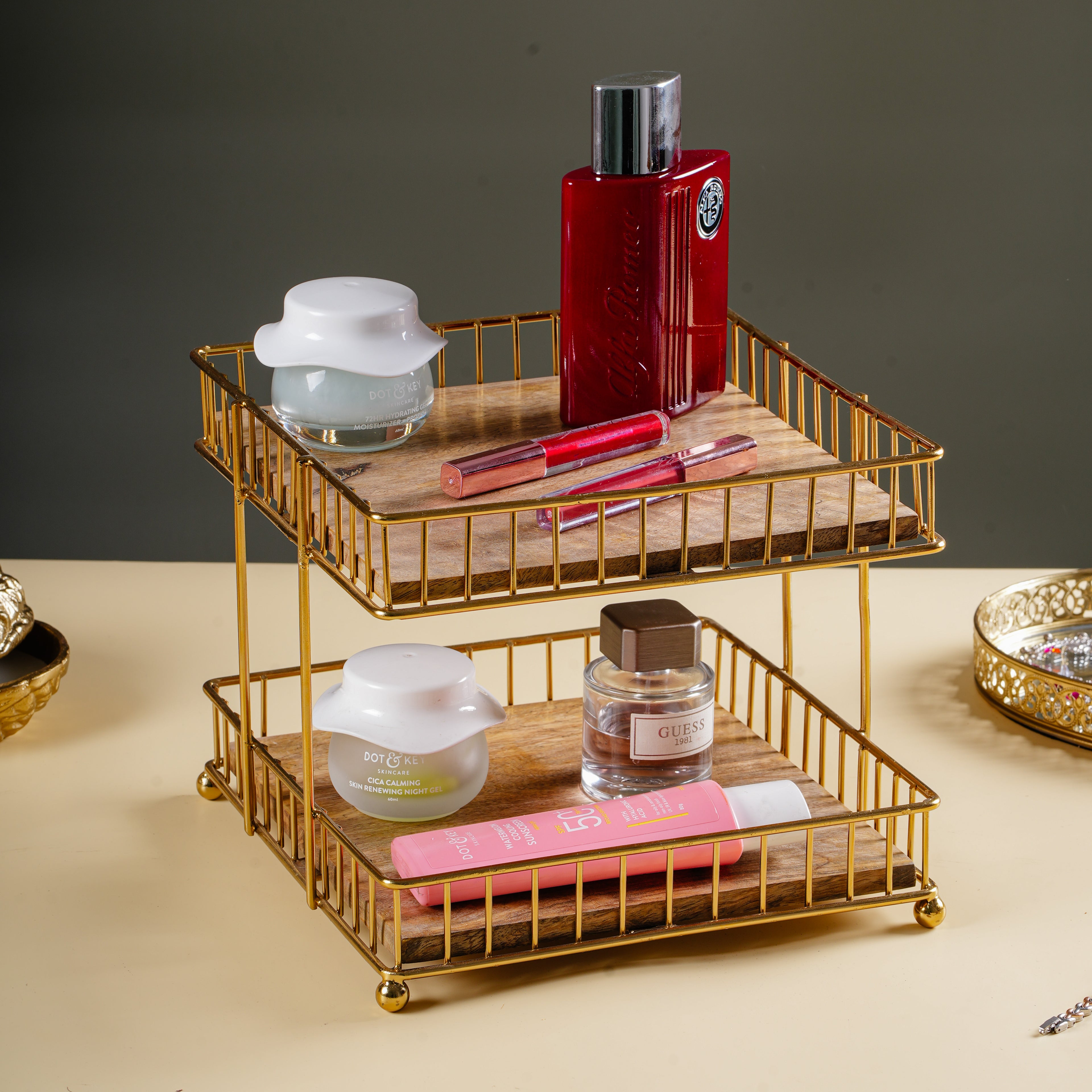 Decorative 2 Tier Storage Rack | Metal Frame Wooden Shelf Organizer