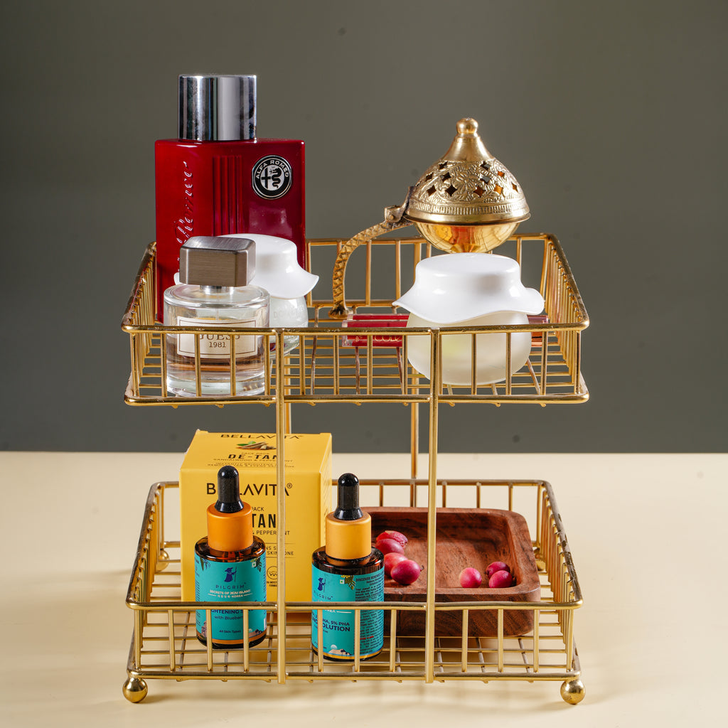 Two-Tier Gold Metal Storage Basket | Kitchen Counter & Pantry Organizer