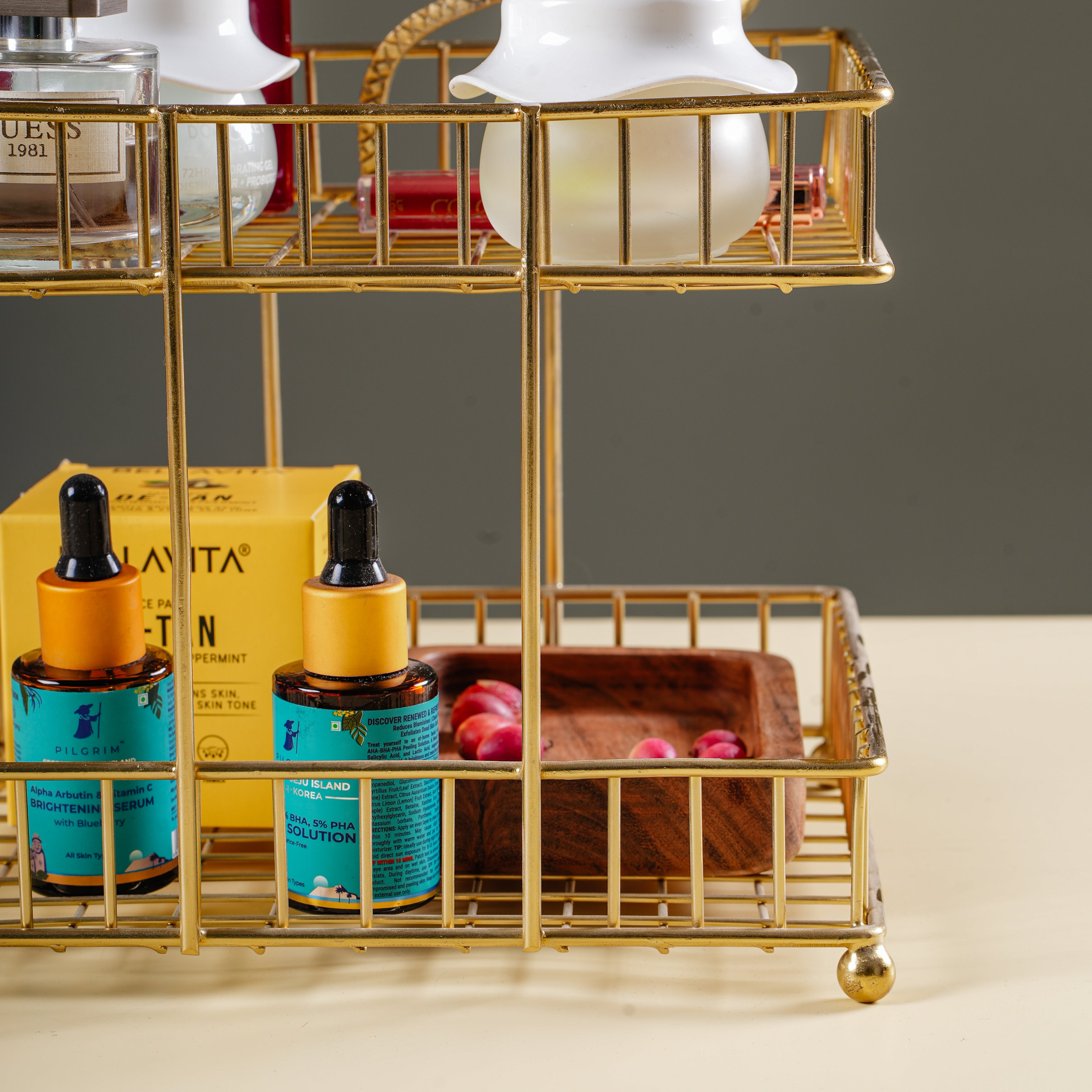 Two-Tier Gold Metal Storage Basket | Kitchen Counter & Pantry Organizer