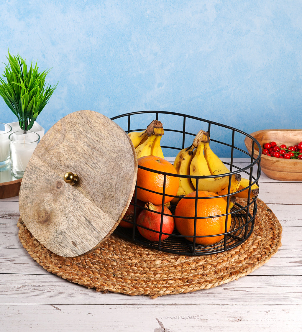 Metal Fruit & Vegetable Basket with Wooden Top | Modern Kitchen Organizer
