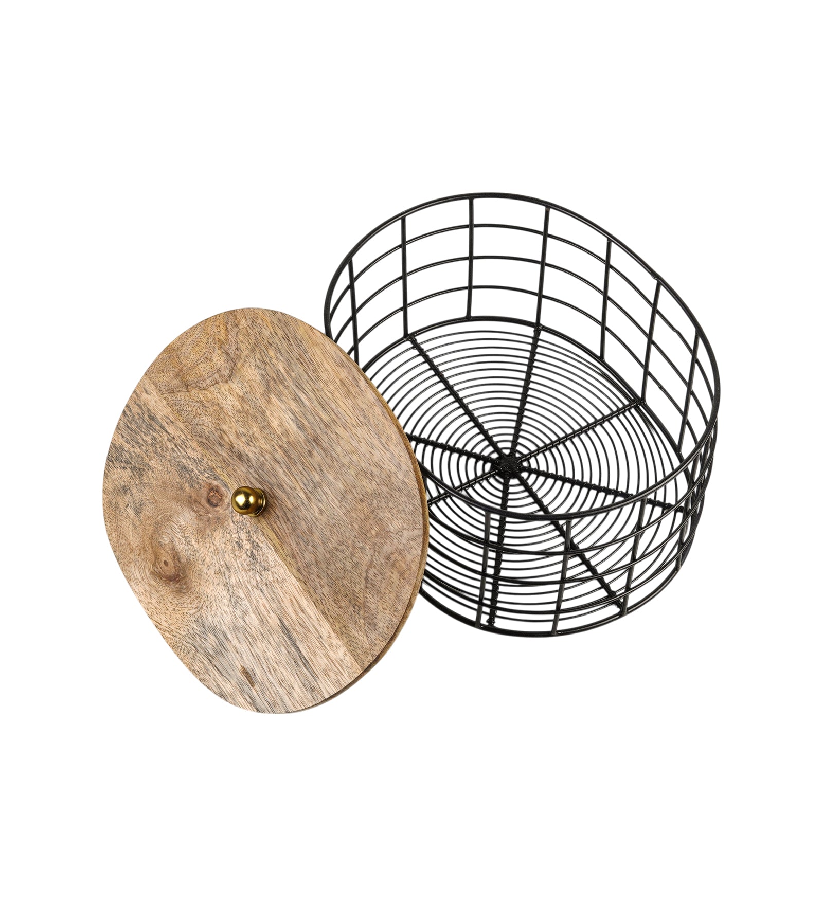 Metal Fruit & Vegetable Basket with Wooden Top | Modern Kitchen Organizer