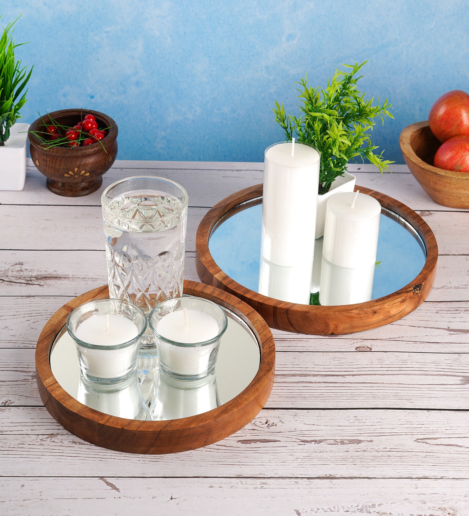 Set of 2 Decorative Mirror Trays with Wooden Frame | Tabletop Display Tray