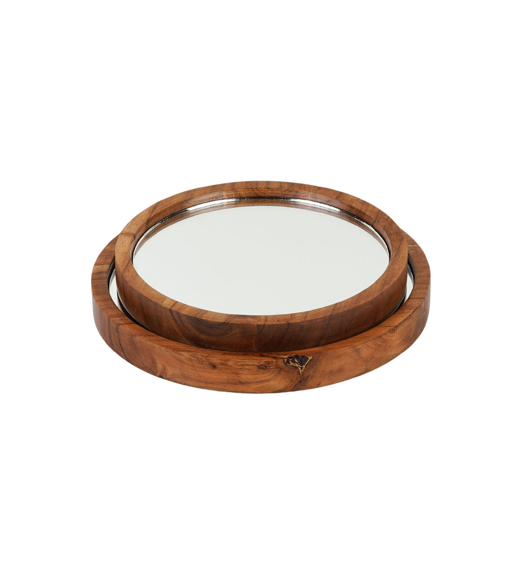 Set of 2 Decorative Mirror Trays with Wooden Frame | Tabletop Display Tray