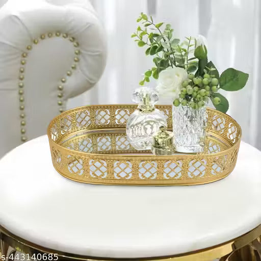 Oval Gold Mirror Vanity Tray | Decorative Makeup & Perfume Organizer