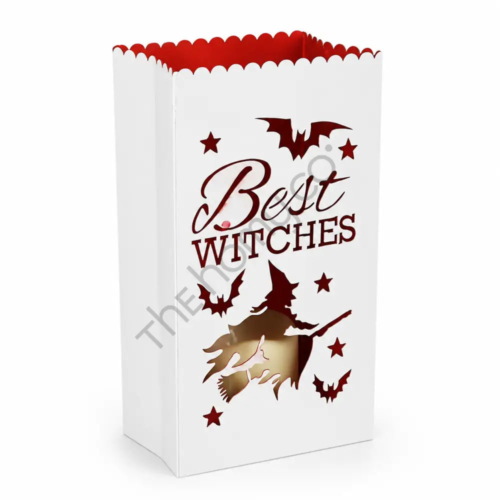 White metal Best Witches Halloween luminary lantern with witch and bat cutouts for festive holiday decor.
