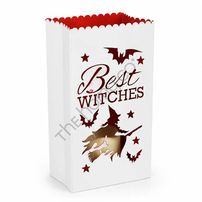 White metal Best Witches Halloween luminary lantern with witch and bat cutouts for festive holiday decor.