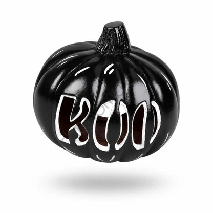 Glossy black "BOO" pumpkin decoration with a modern gothic cutout design for Halloween home decor. - 2