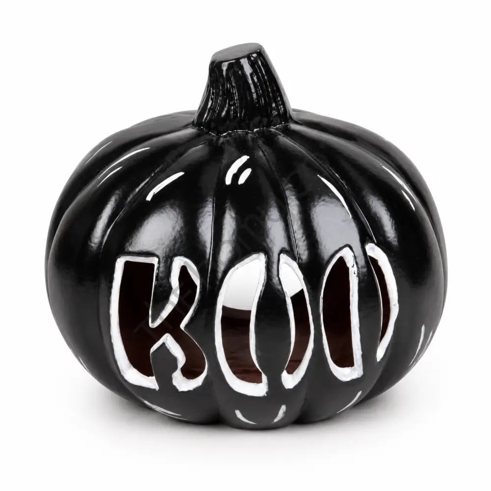 Glossy black "BOO" pumpkin decoration with a modern gothic cutout design for Halloween home decor.