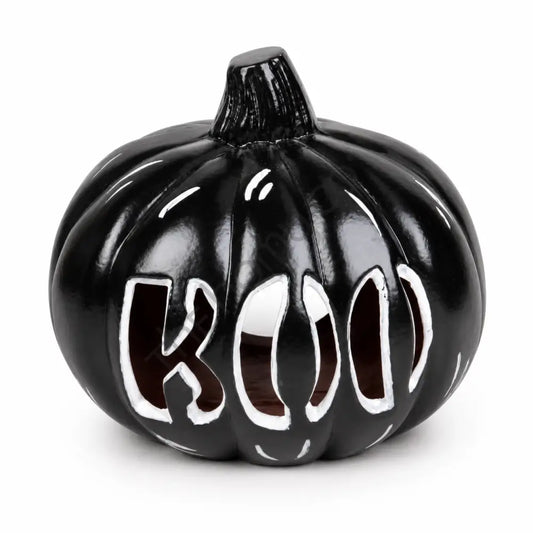 Glossy black "BOO" pumpkin decoration with a modern gothic cutout design for Halloween home decor.
