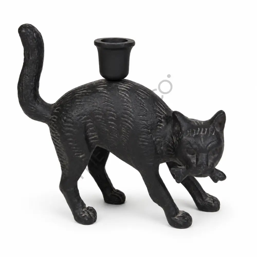 Gothic black cat candle holder statue with matte black finish for Halloween tabletop decor.