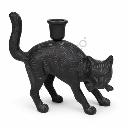Gothic black cat candle holder statue with matte black finish for Halloween tabletop decor.