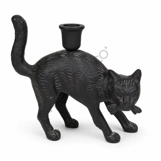 Gothic black cat candle holder statue with matte black finish for Halloween tabletop decor.