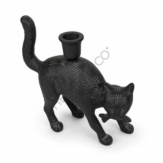 Gothic black cat candle holder statue with matte black finish for Halloween tabletop decor. - 2