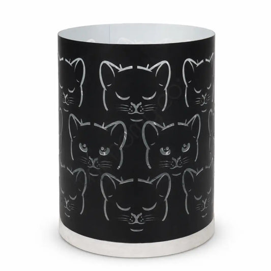 Black cat themed decorative candle holder with gothic metal lantern design for spooky Halloween home decor.