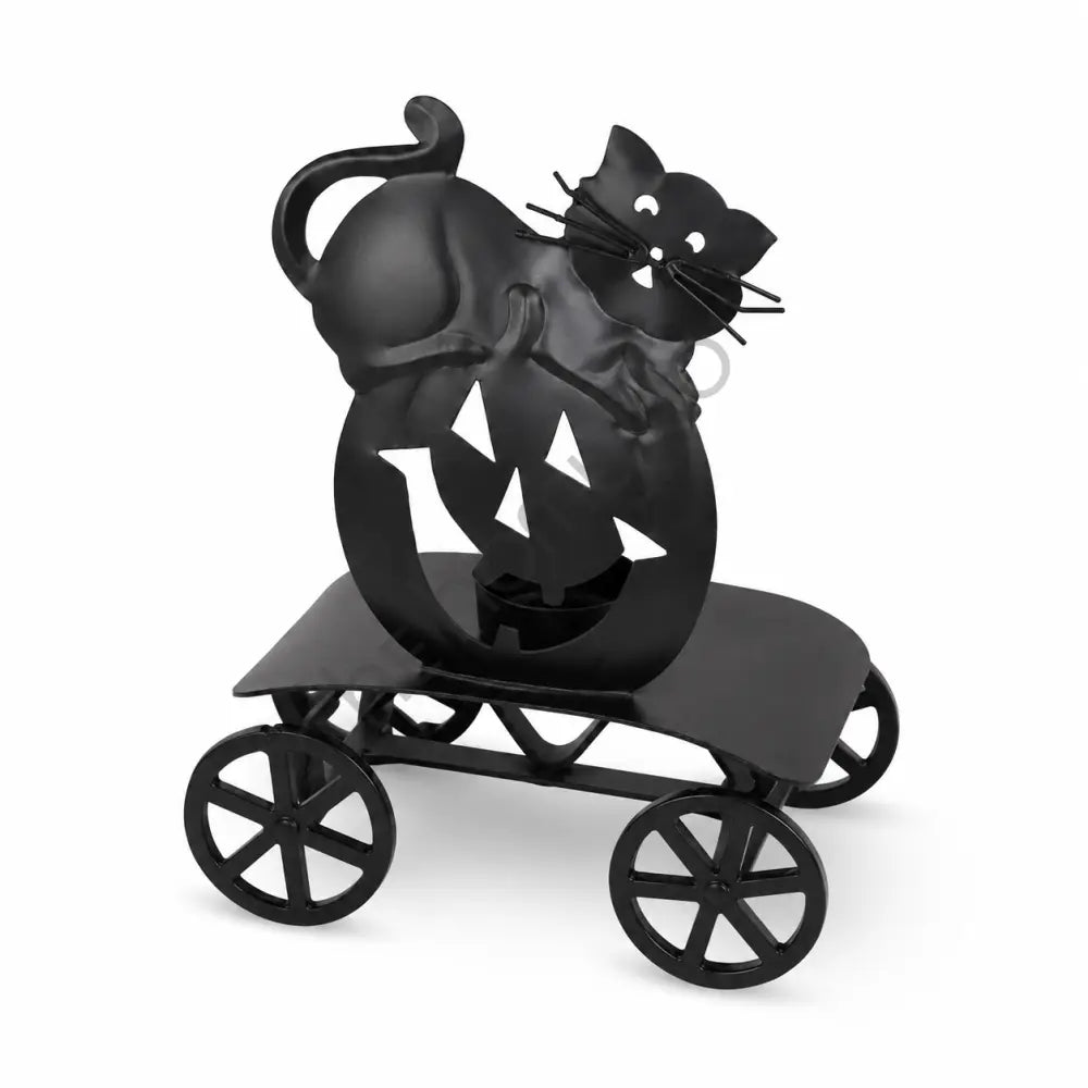 Black cat silhouette metal candle holder with rolling cart design and matte black finish for Halloween tabletop decor. - 2