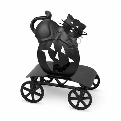 Black cat silhouette metal candle holder with rolling cart design and matte black finish for Halloween tabletop decor. - 2