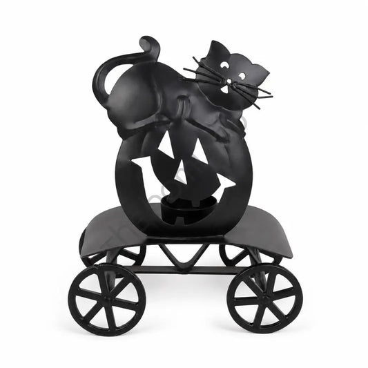 Black cat silhouette metal candle holder with rolling cart design and matte black finish for Halloween tabletop decor.