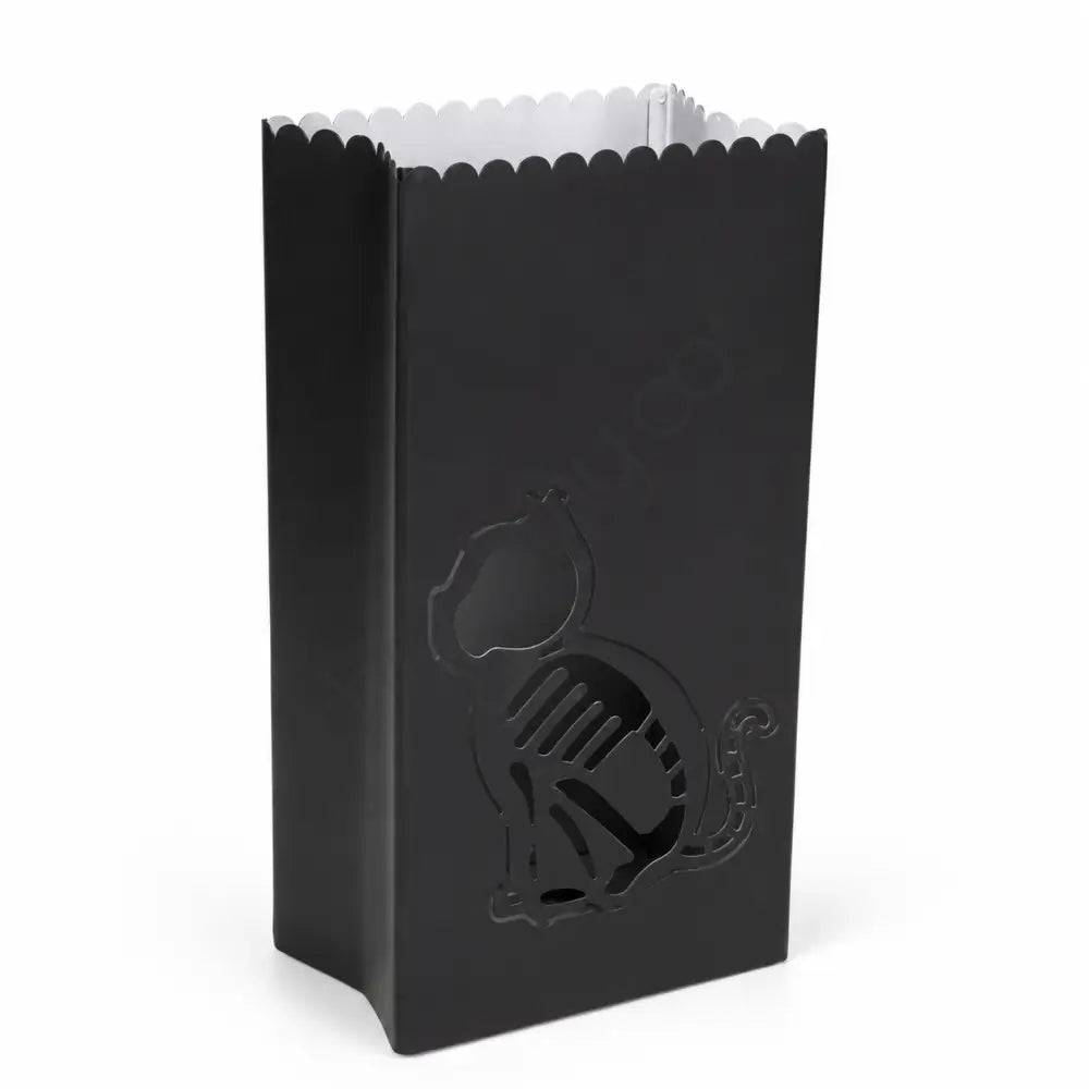 Black cat skeleton metal lantern decoration with matte black finish for Halloween decor.