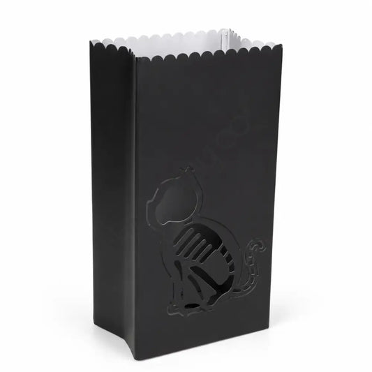 Black cat skeleton metal lantern decoration with matte black finish for Halloween decor.