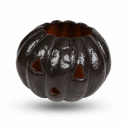 Glossy black ceramic jack-o'-lantern pumpkin candle holder for spooky Halloween home decor. - 2