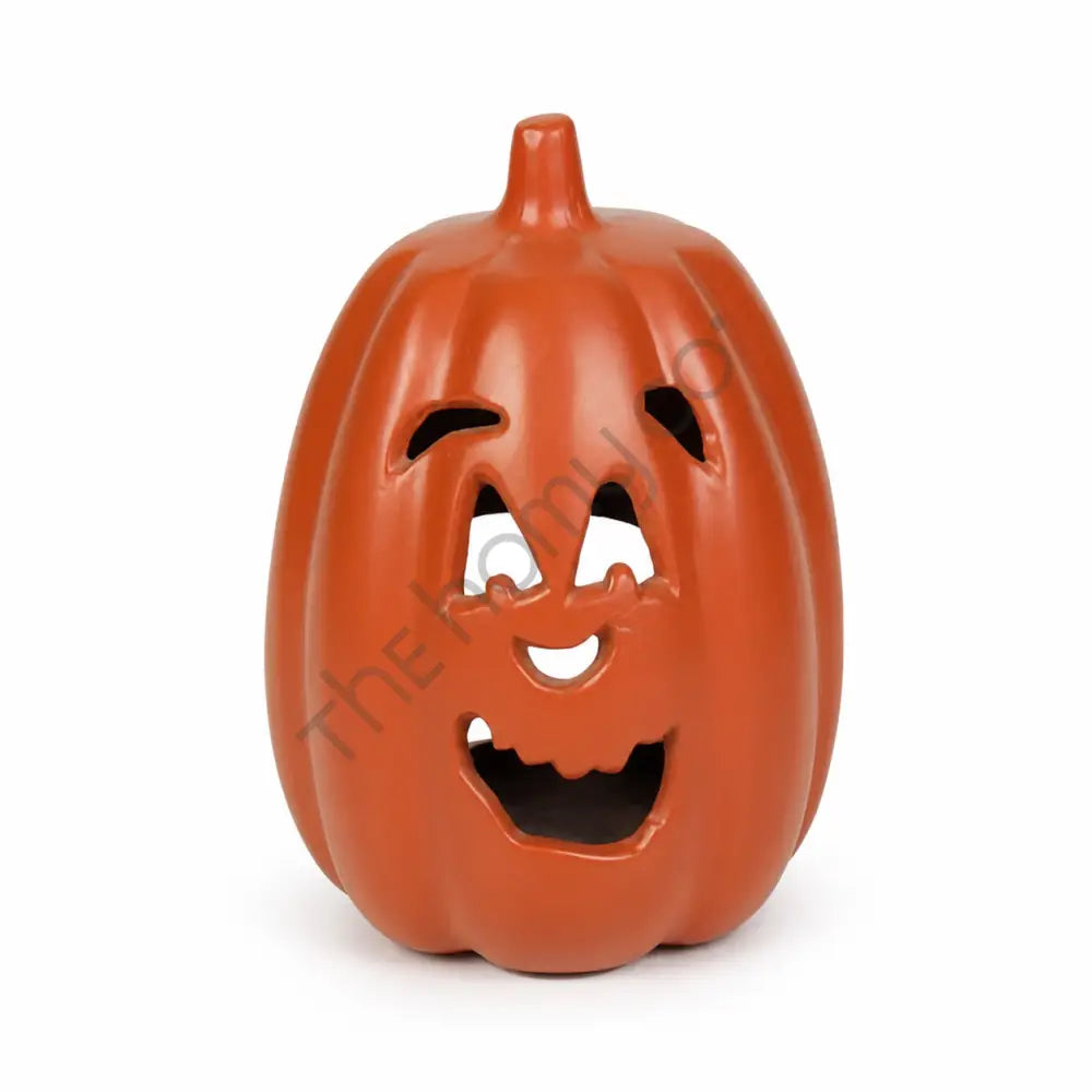 Vibrant orange Jack-O'-Lantern pumpkin decoration with carved face for Halloween home decor.