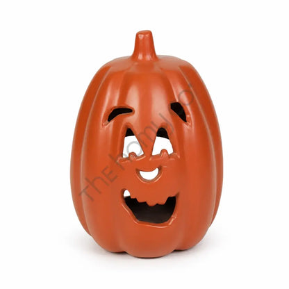 Vibrant orange Jack-O'-Lantern pumpkin decoration with carved face for Halloween home decor.