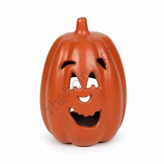 Vibrant orange Jack-O'-Lantern pumpkin decoration with carved face for Halloween home decor.