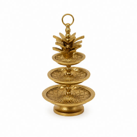 3-tier gold decorative fruit and dessert stand with intricate detailing for elegant tabletop serving.