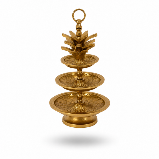 3-tier gold decorative fruit and dessert stand with intricate detailing for elegant tabletop serving. - 2