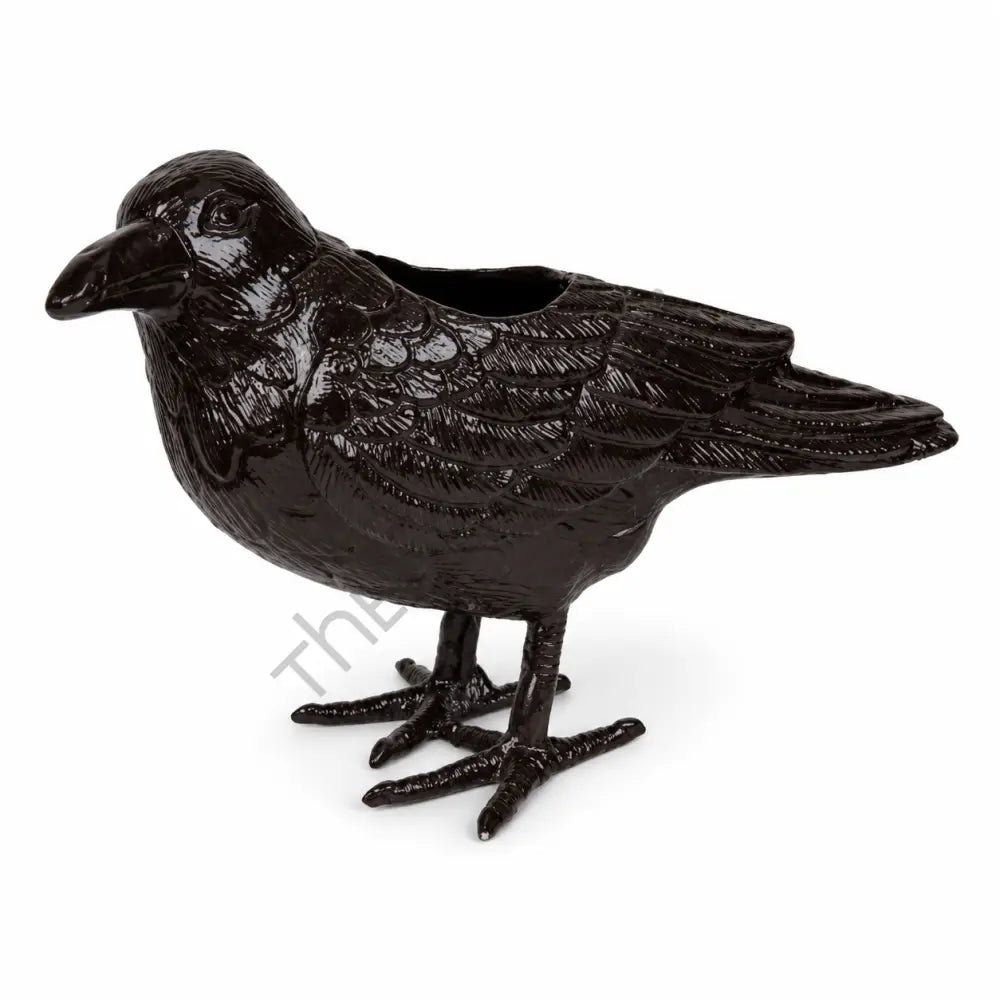 Gothic black raven bird-shaped metal planter for succulents and indoor tabletop decor.