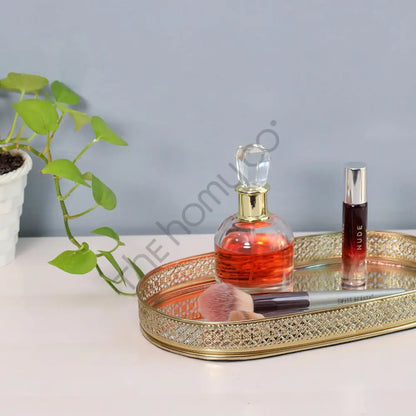 Decorative Gold Metal Vanity Tray | Oval Makeup & Perfume Organizer - Metal & Glass