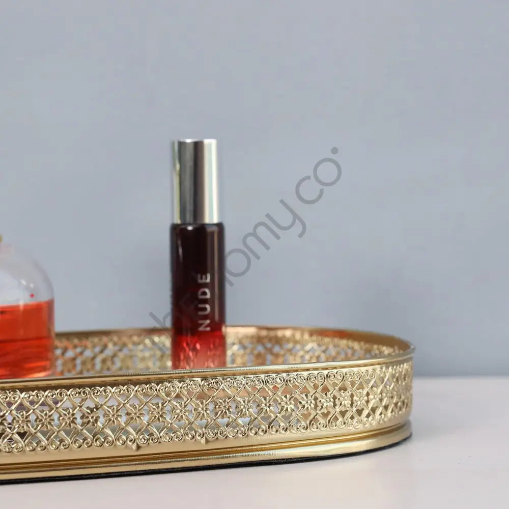 Decorative Gold Metal Vanity Tray | Oval Makeup & Perfume Organizer - Metal & Glass