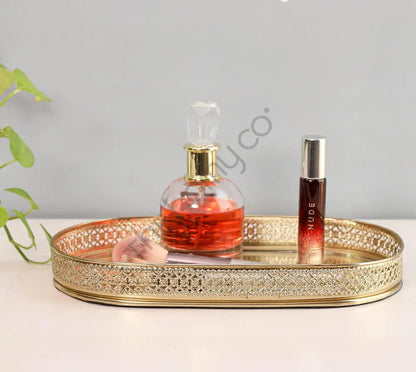 Decorative Gold Metal Vanity Tray | Oval Makeup & Perfume Organizer - Metal & Glass