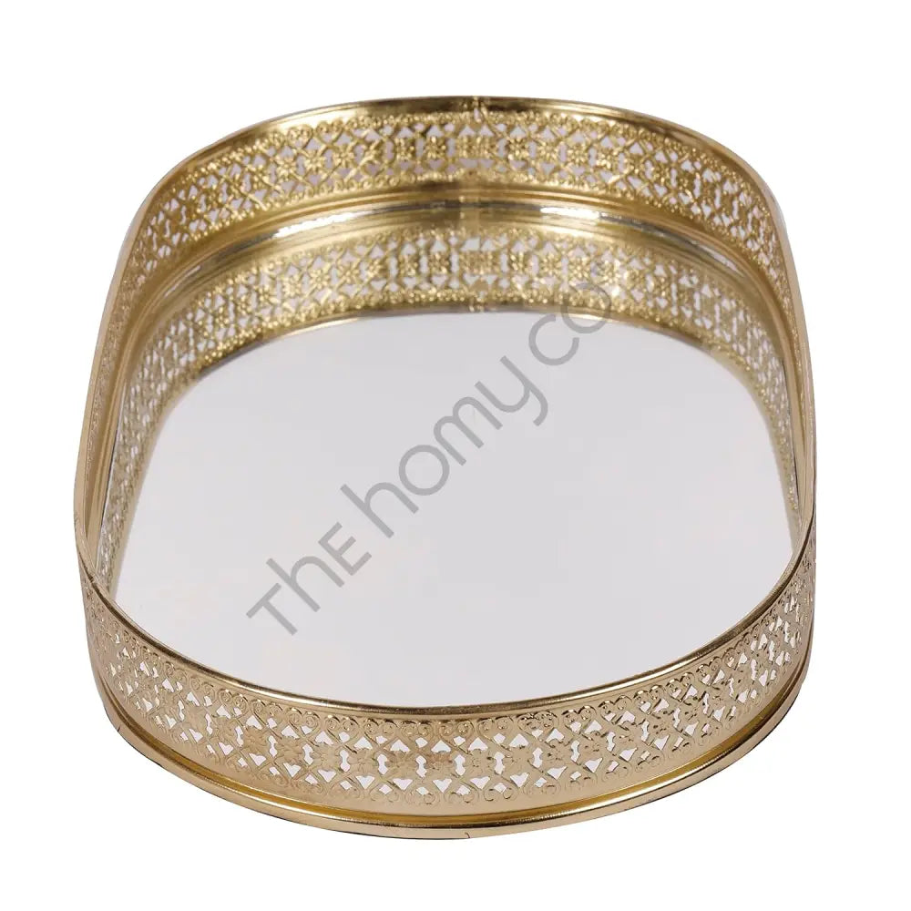 Decorative Gold Metal Vanity Tray | Oval Makeup & Perfume Organizer - Metal & Glass