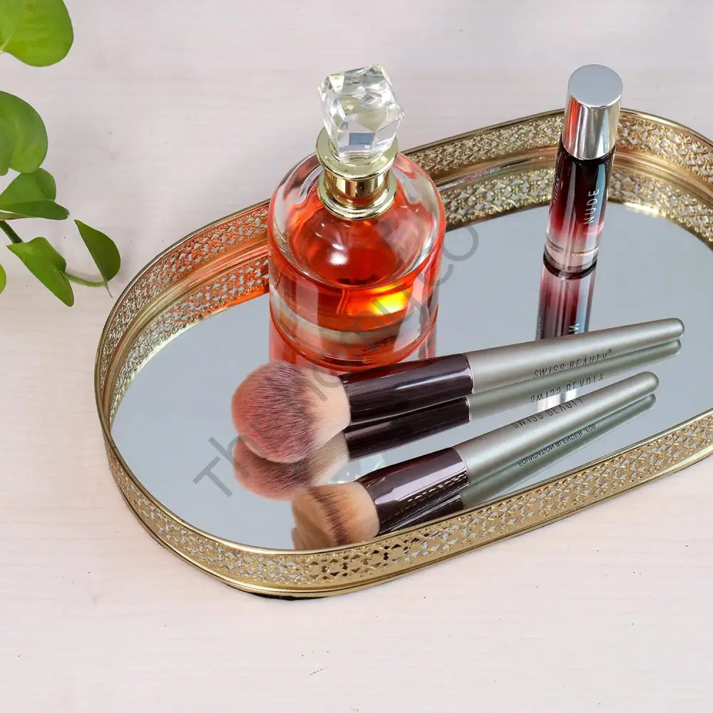 Decorative Gold Metal Vanity Tray | Oval Makeup & Perfume Organizer - Metal & Glass