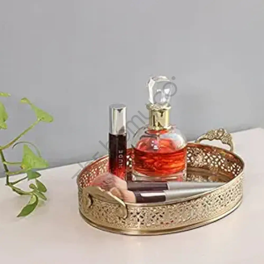 Decorative Gold Mirror Tray with Handles | Oval Vanity & Serving Tray - Metal & Glass