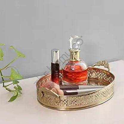 Decorative Gold Mirror Tray with Handles | Oval Vanity & Serving Tray - Metal & Glass