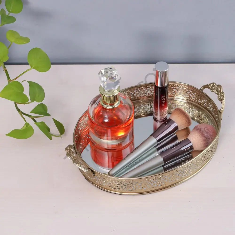 Decorative Gold Mirror Tray with Handles | Oval Vanity & Serving Tray - Metal & Glass