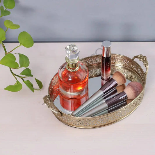 Decorative Gold Mirror Tray with Handles | Oval Vanity & Serving Tray - Metal & Glass