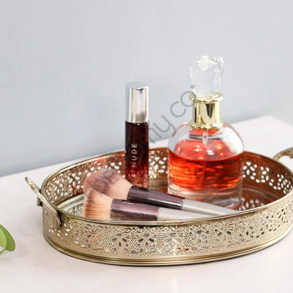 Decorative Gold Mirror Tray with Handles | Oval Vanity & Serving Tray - Metal & Glass